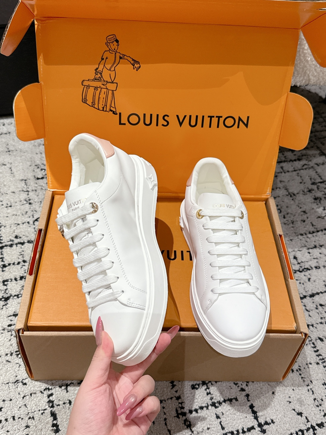 Louis Vuitton Women's White Leather Sneakers with Pink Flower Charm