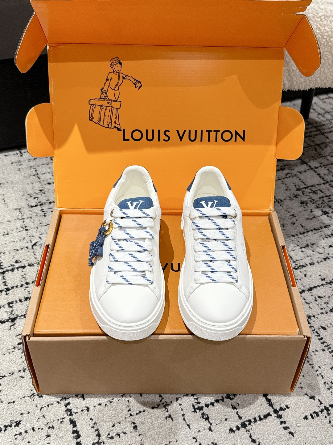 Louis Vuitton White & Blue Leather Sneakers – Luxury Designer Shoes