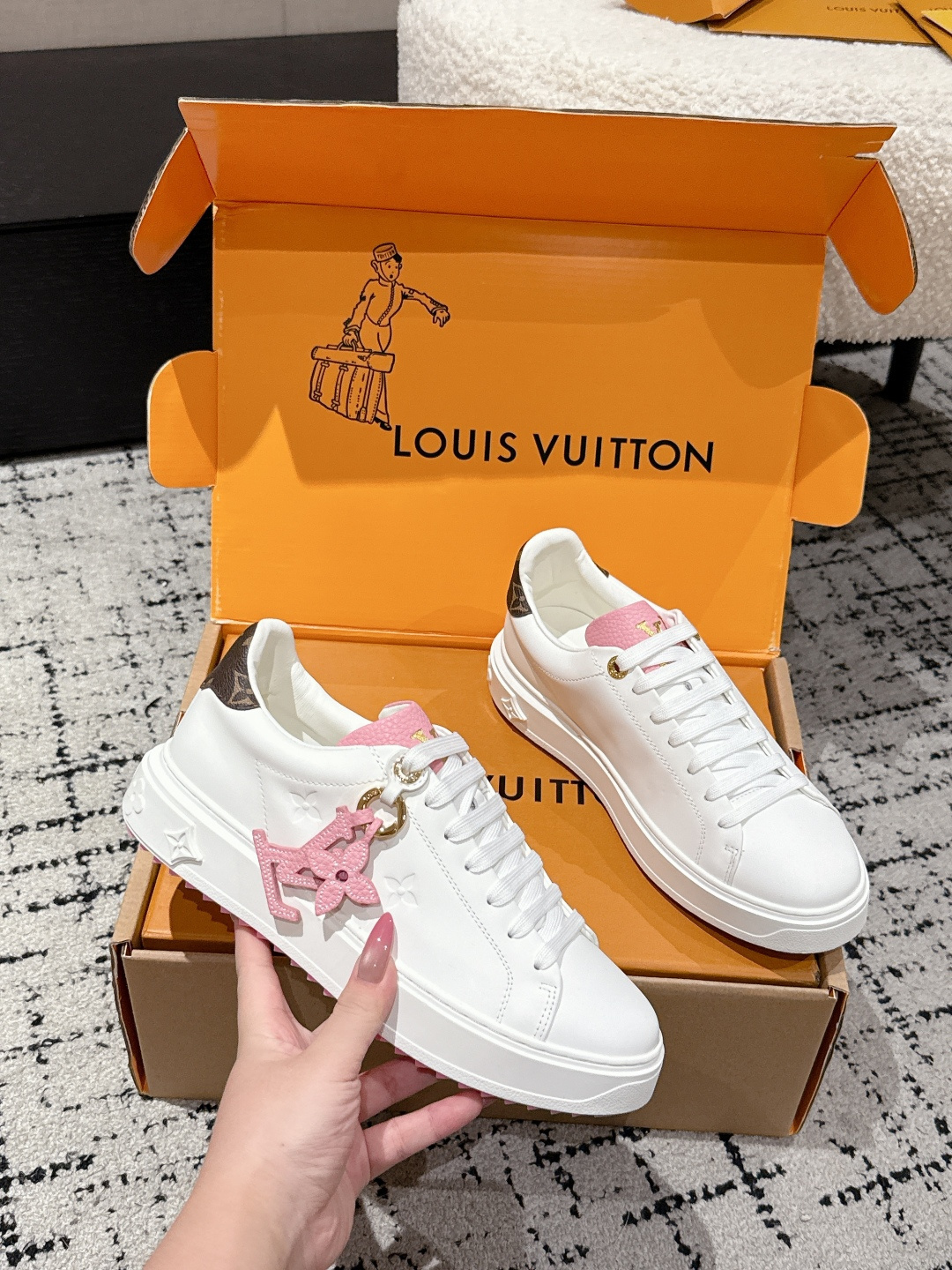 Louis Vuitton Frontrow Sneakers - White Leather with Pink Accents