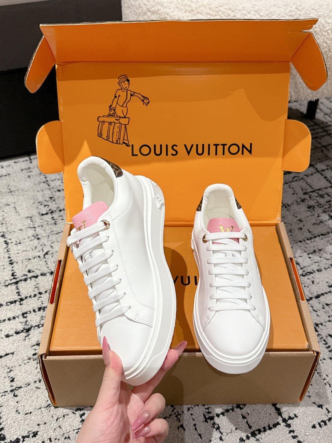Louis Vuitton Frontrow Sneakers - White Leather with Pink Accents
