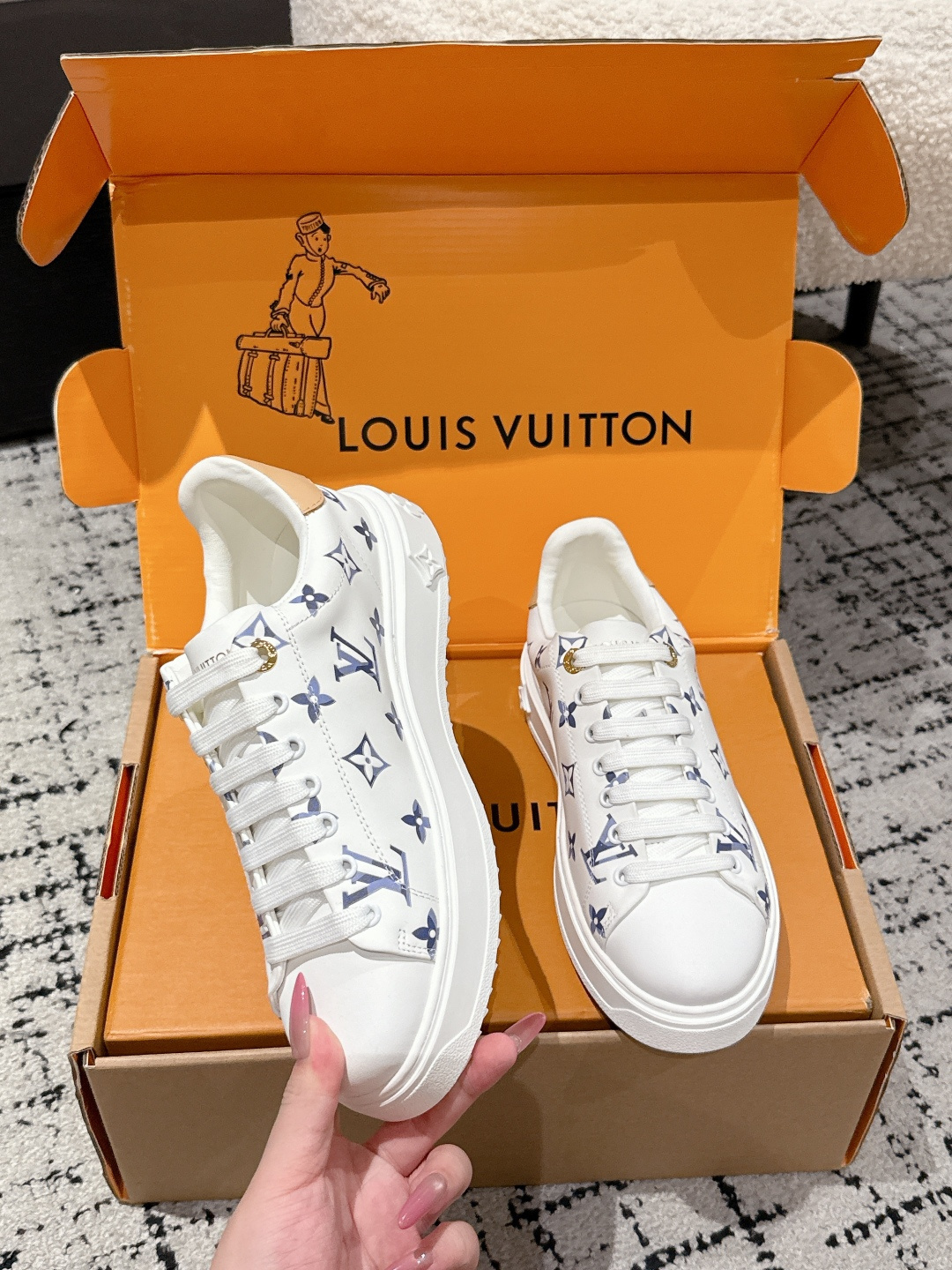 Louis Vuitton White & Blue Monogram Leather Sneakers for Women