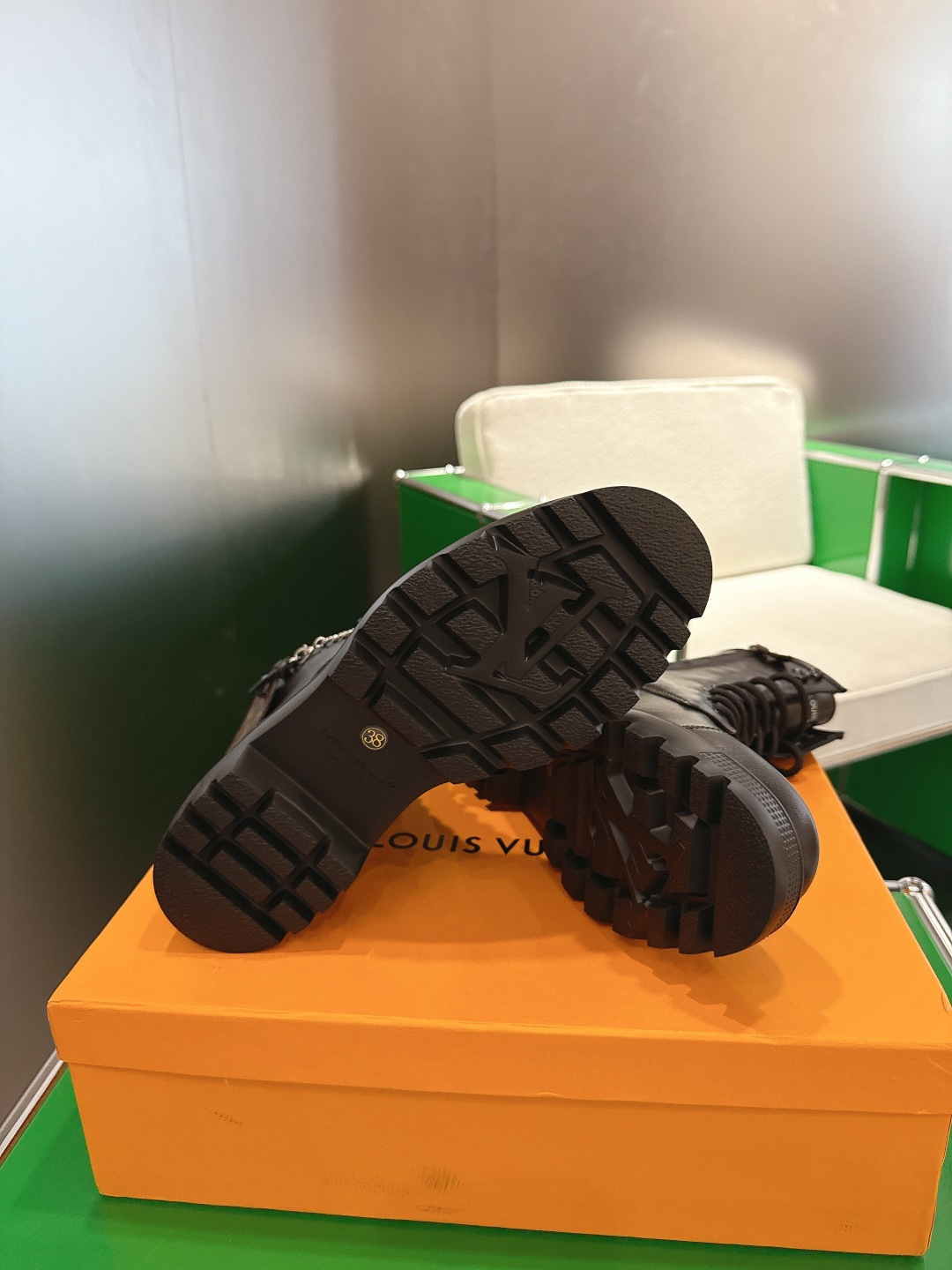 Louis Vuitton Black Leather Combat Boots with Silver Chain