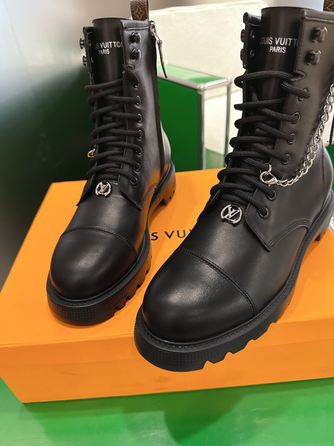 Louis Vuitton Black Leather Combat Boots with Silver Chain