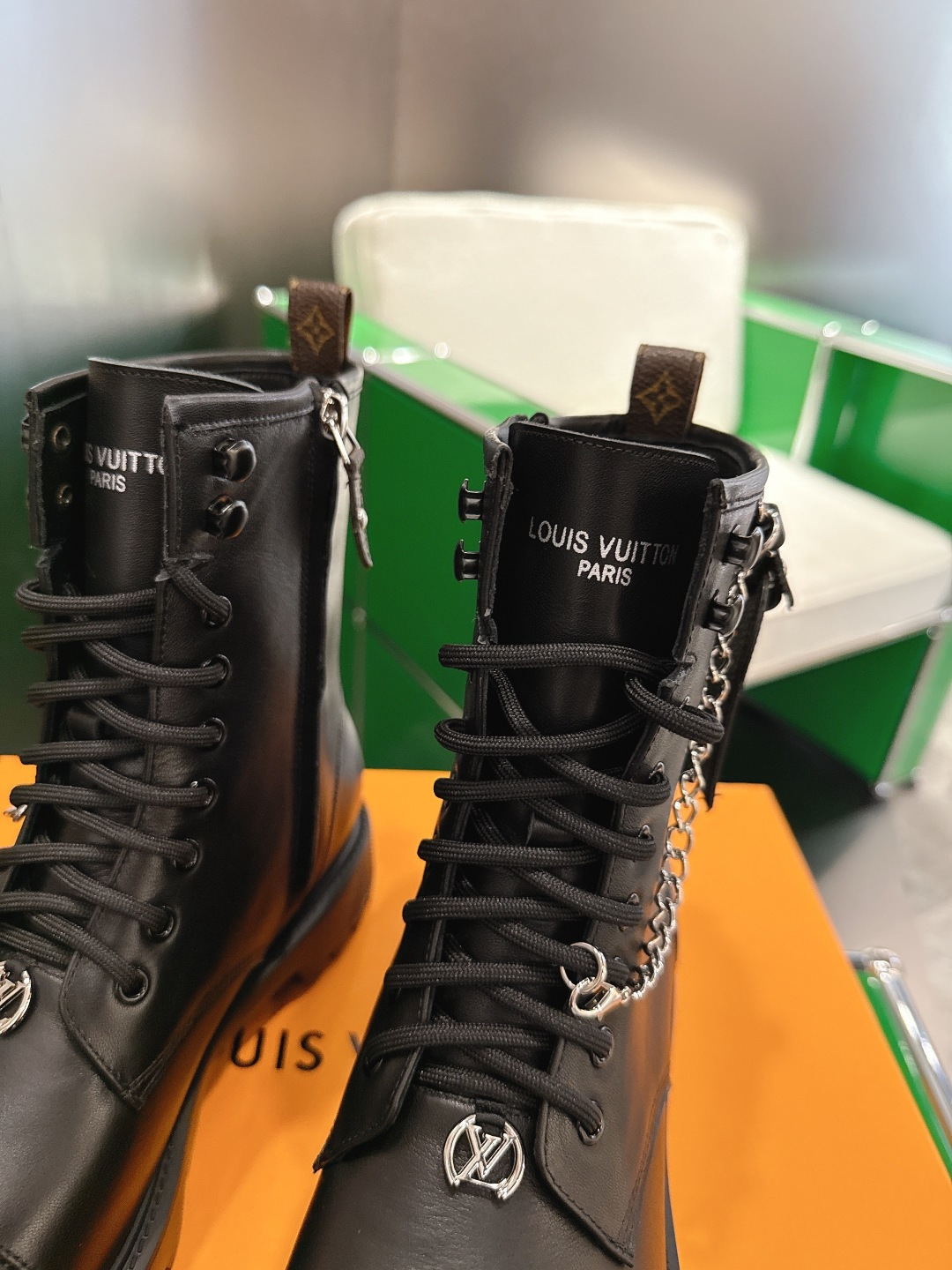 Louis Vuitton Black Leather Combat Boots with Silver Chain