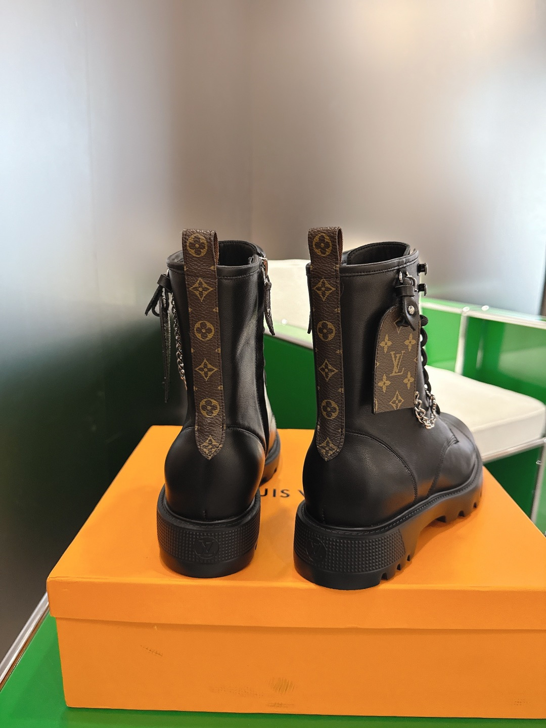 Louis Vuitton Black Leather Combat Boots with Silver Chain
