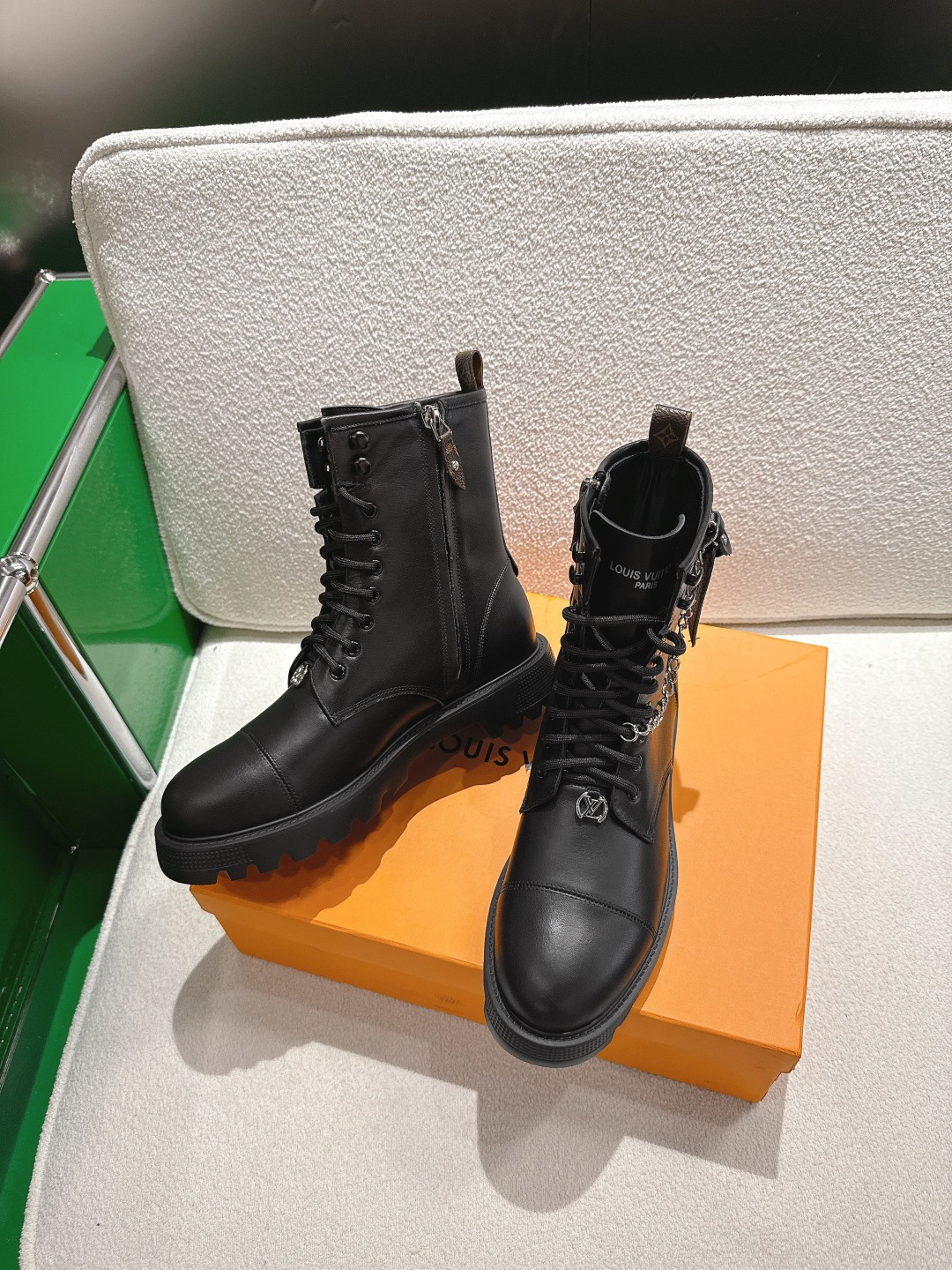 Louis Vuitton Black Leather Combat Boots with Silver Chain