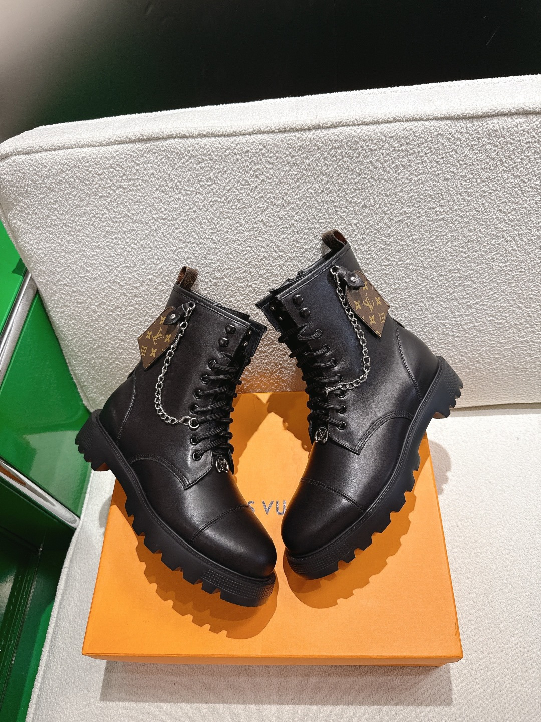 Louis Vuitton Black Leather Combat Boots with Silver Chain