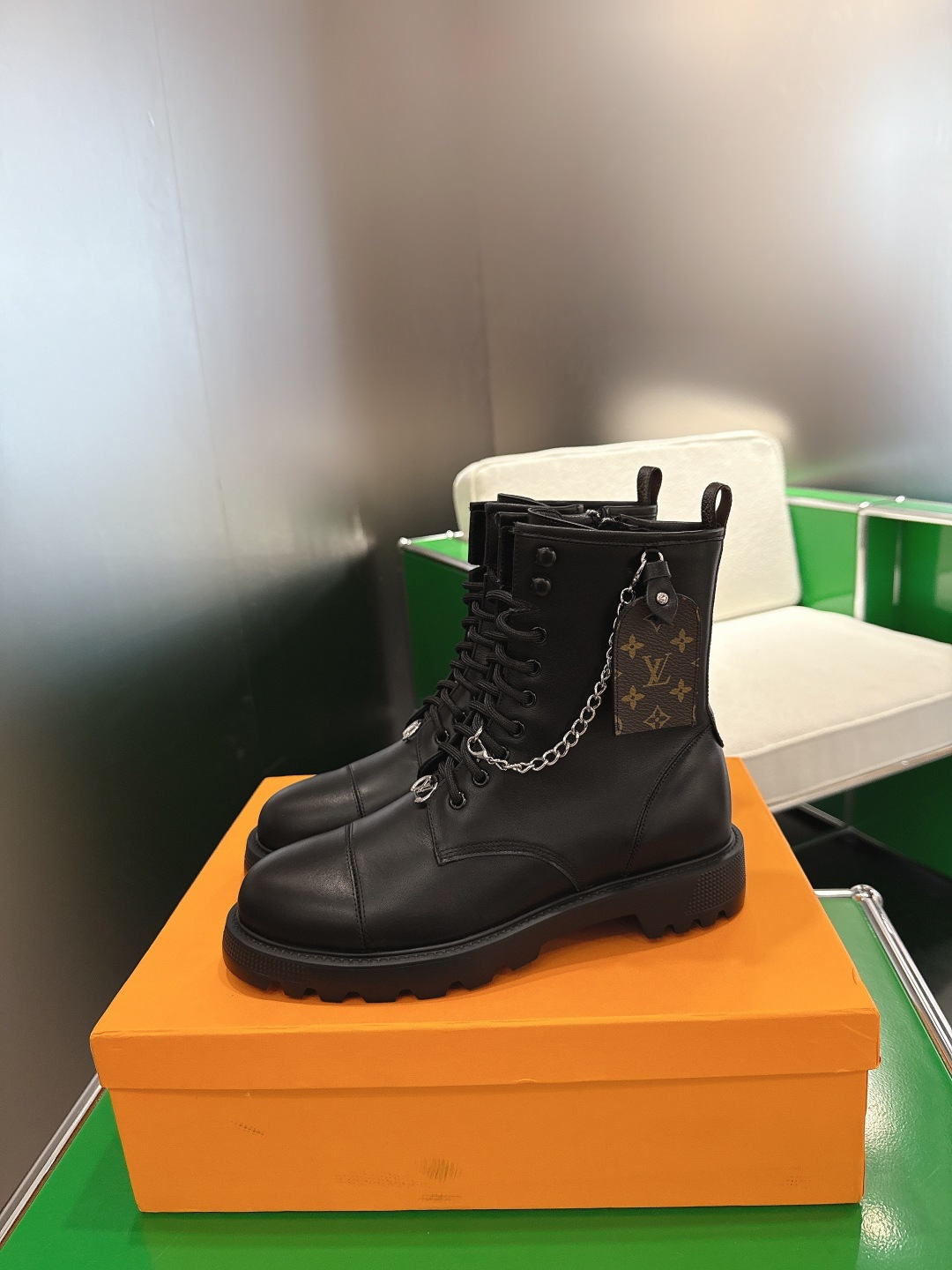Louis Vuitton Black Leather Combat Boots with Silver Chain