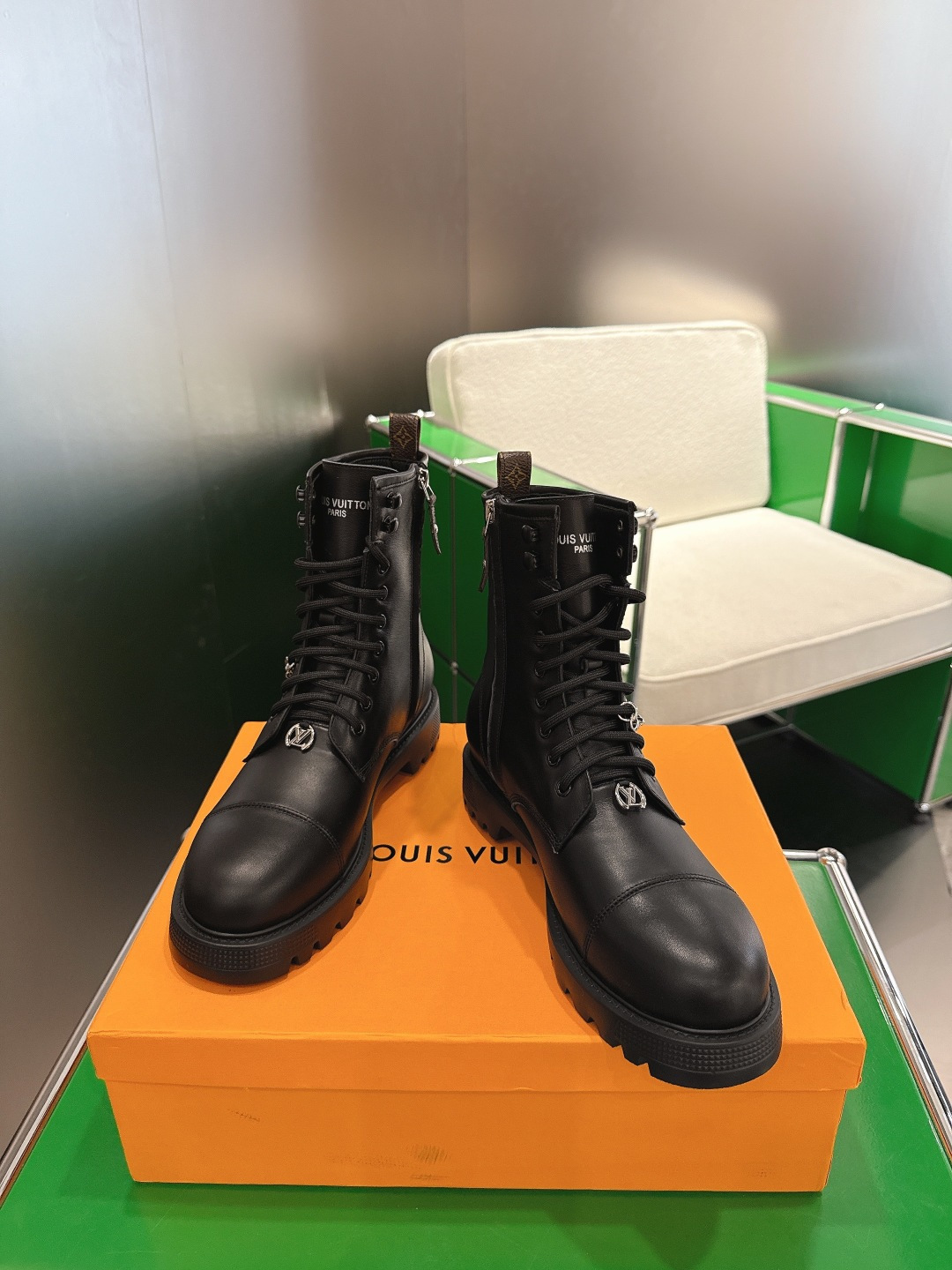 Louis Vuitton Black Leather Combat Boots with Silver Chain