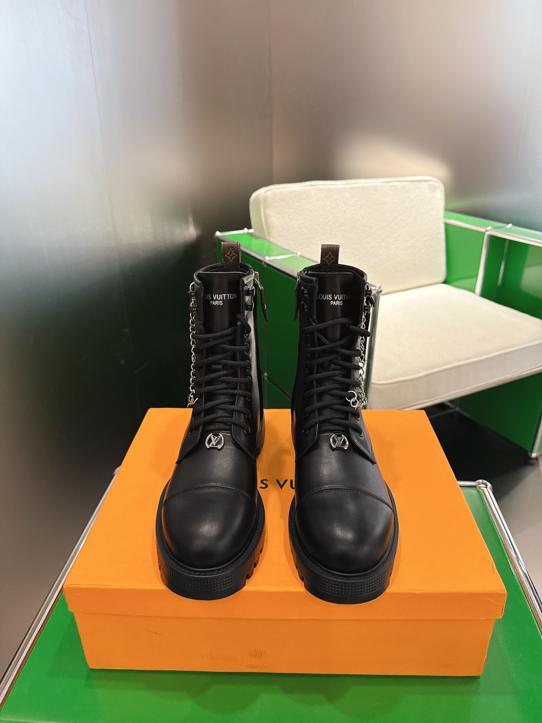 Louis Vuitton Black Leather Combat Boots with Silver Chain