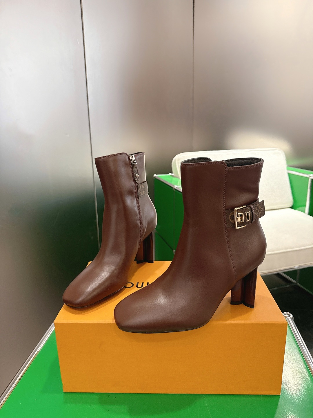 Premium Women's Brown Leather Ankle Boots - Elegant Square Toe