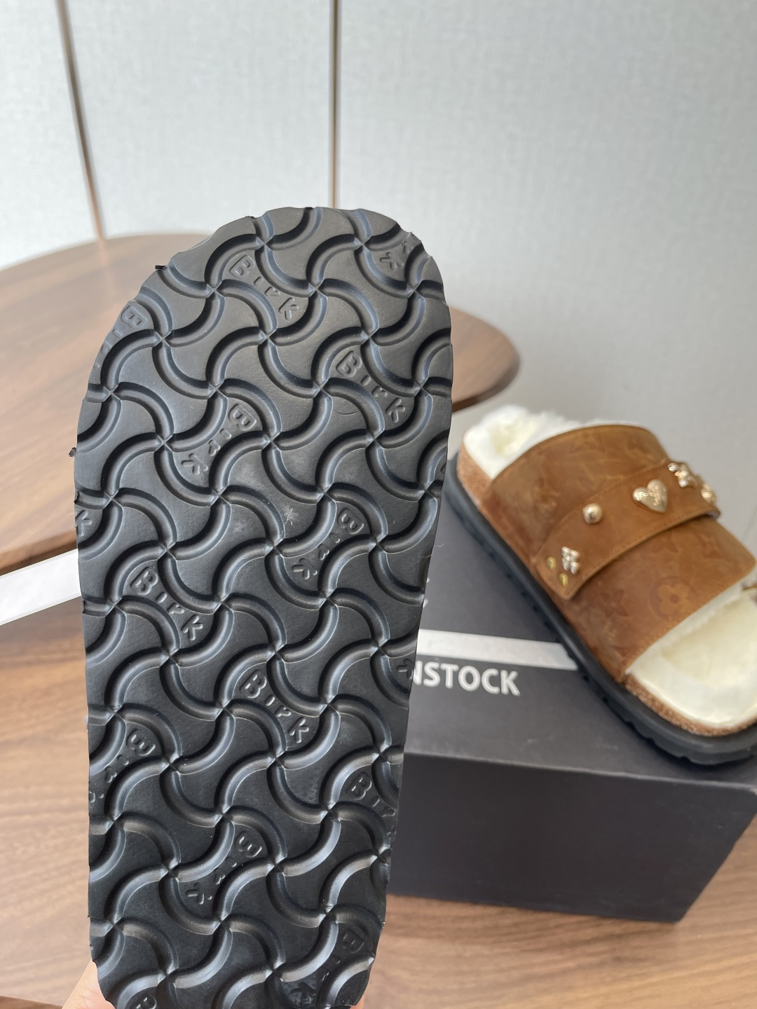 Luxury Monogram Fur Slides - Brown Leather Sandals with Gold Charms