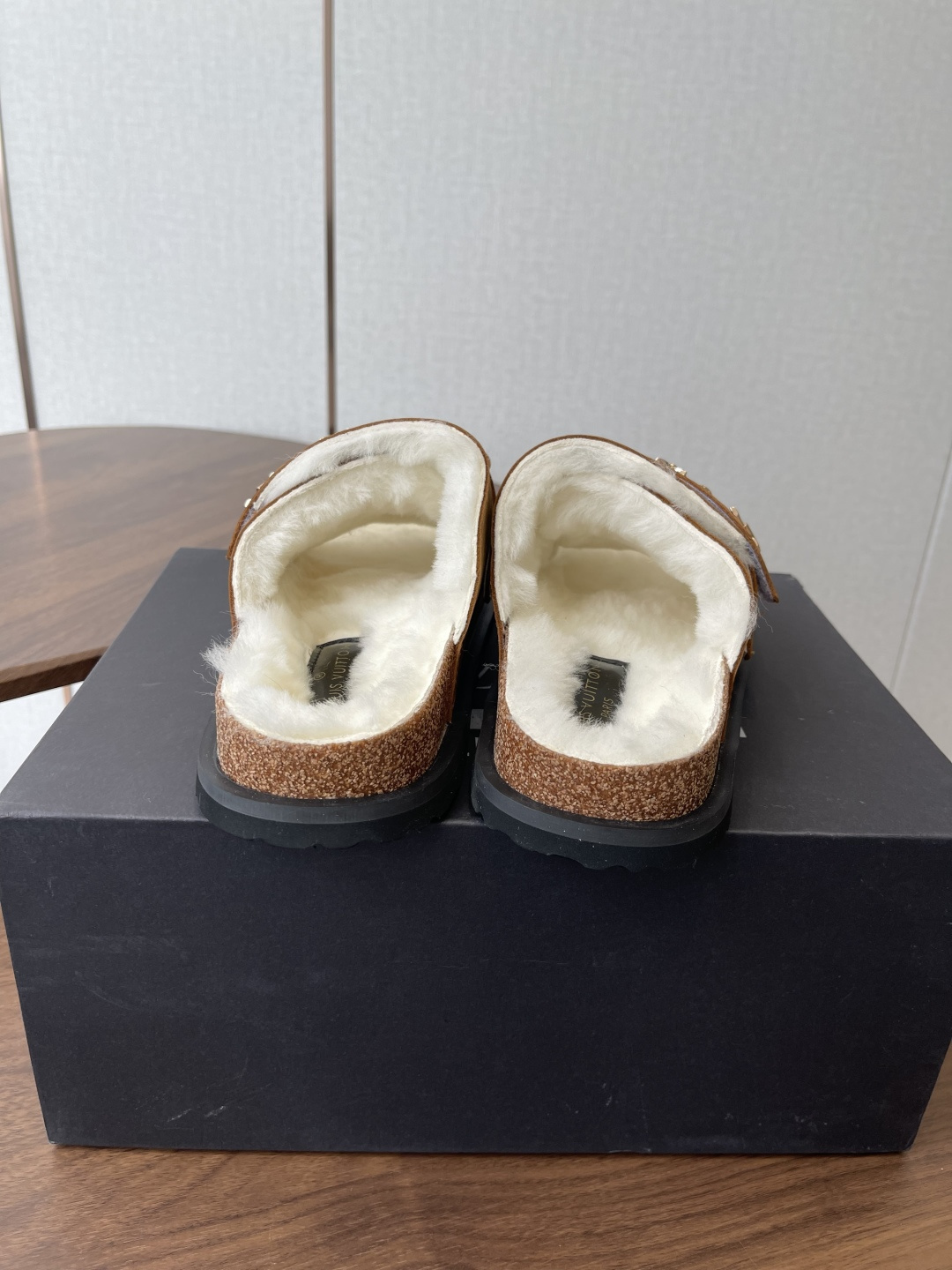 Luxury Monogram Fur Slides - Brown Leather Sandals with Gold Charms