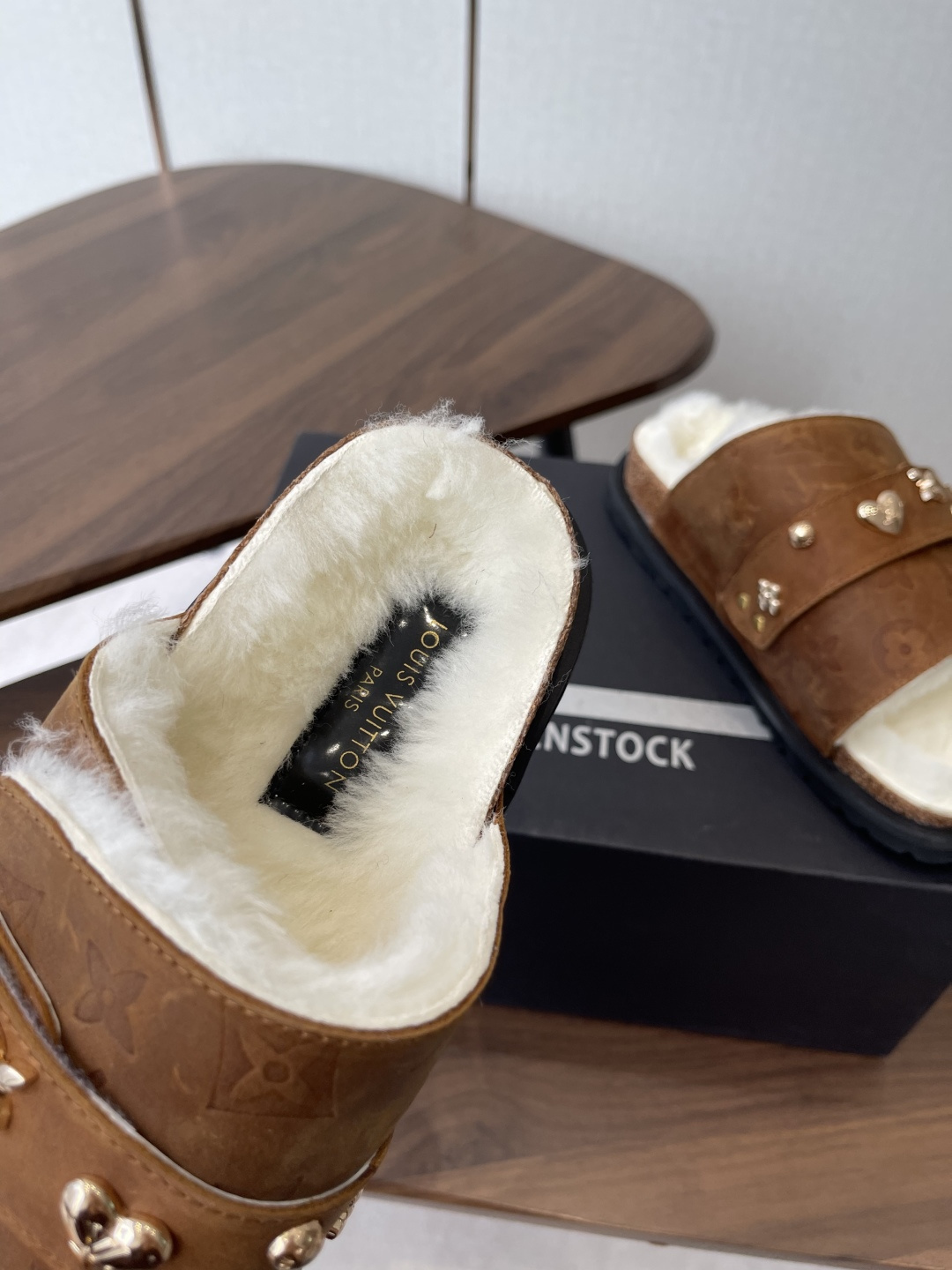 Luxury Monogram Fur Slides - Brown Leather Sandals with Gold Charms