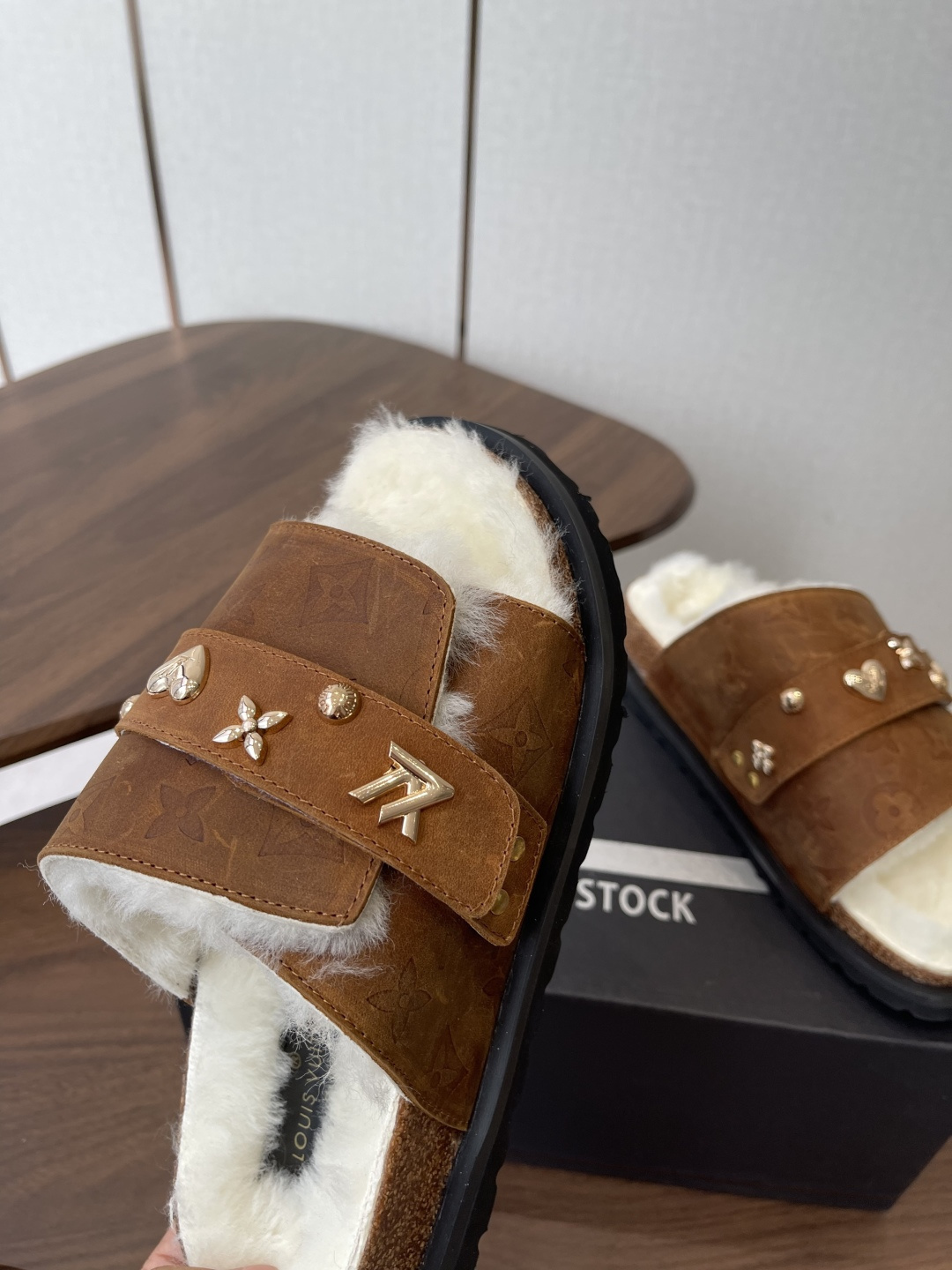 Luxury Monogram Fur Slides - Brown Leather Sandals with Gold Charms