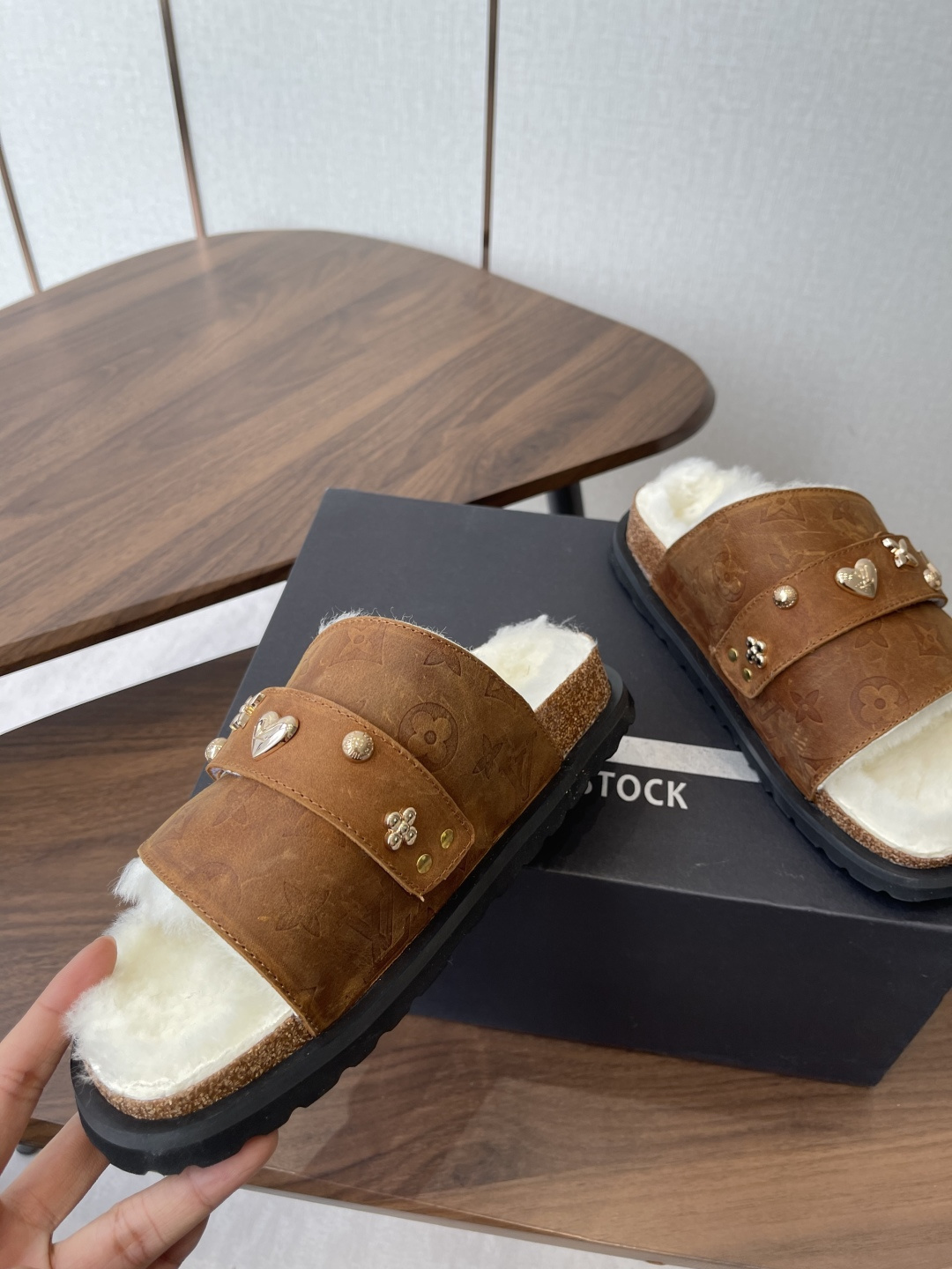 Luxury Monogram Fur Slides - Brown Leather Sandals with Gold Charms