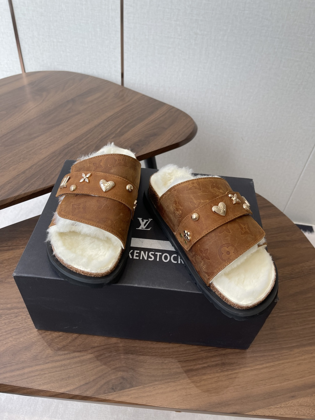 Luxury Monogram Fur Slides - Brown Leather Sandals with Gold Charms