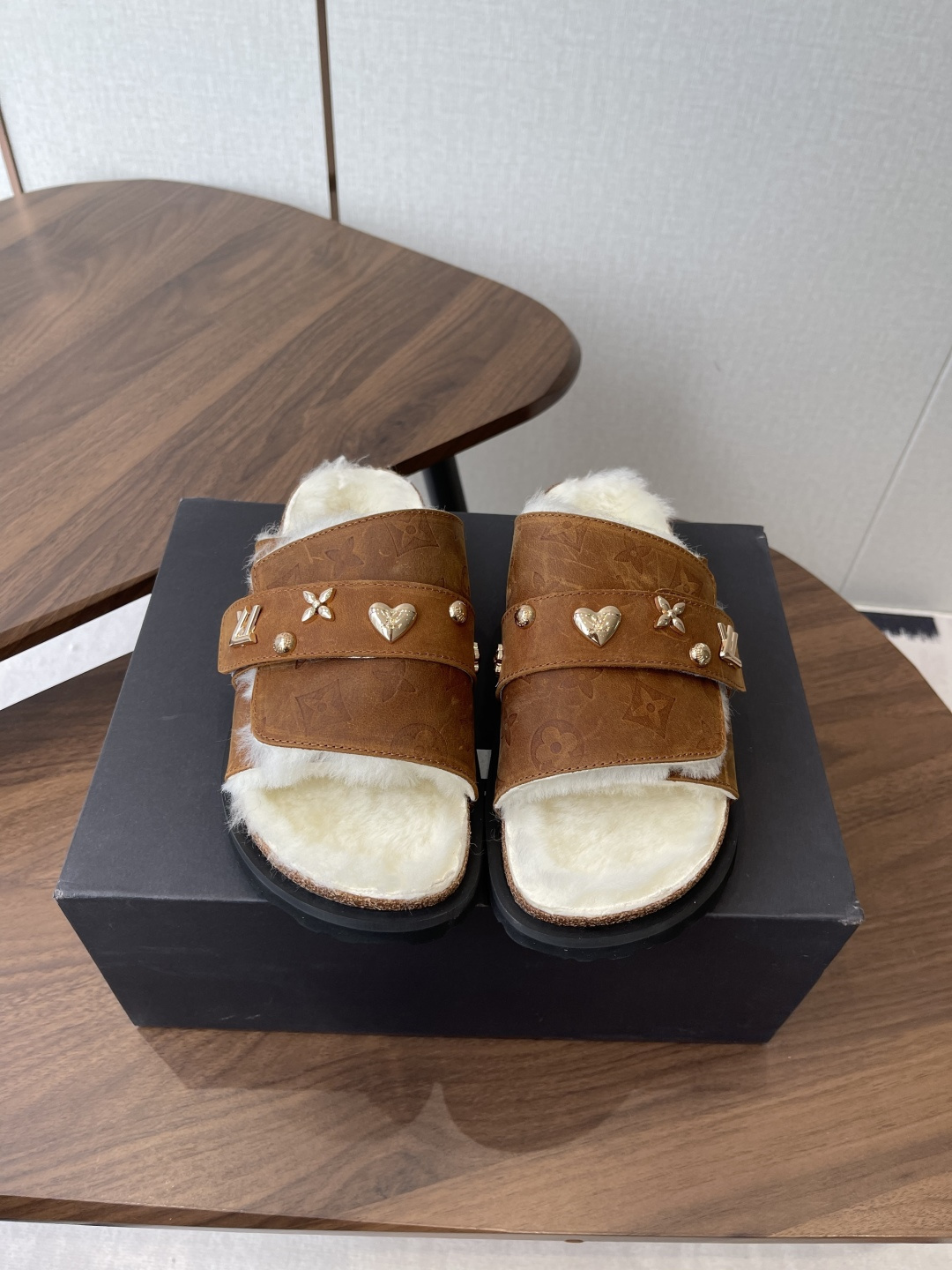 Luxury Monogram Fur Slides – Brown Leather Sandals with Gold Charms