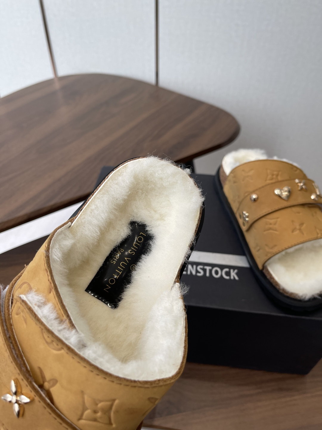 Louis Vuitton Monogram Shearling Slides - Tan Luxury Comfort Sandals