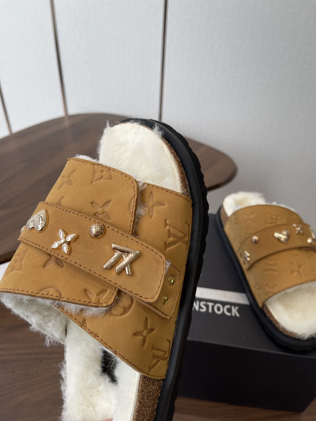 Louis Vuitton Monogram Shearling Slides - Tan Luxury Comfort Sandals
