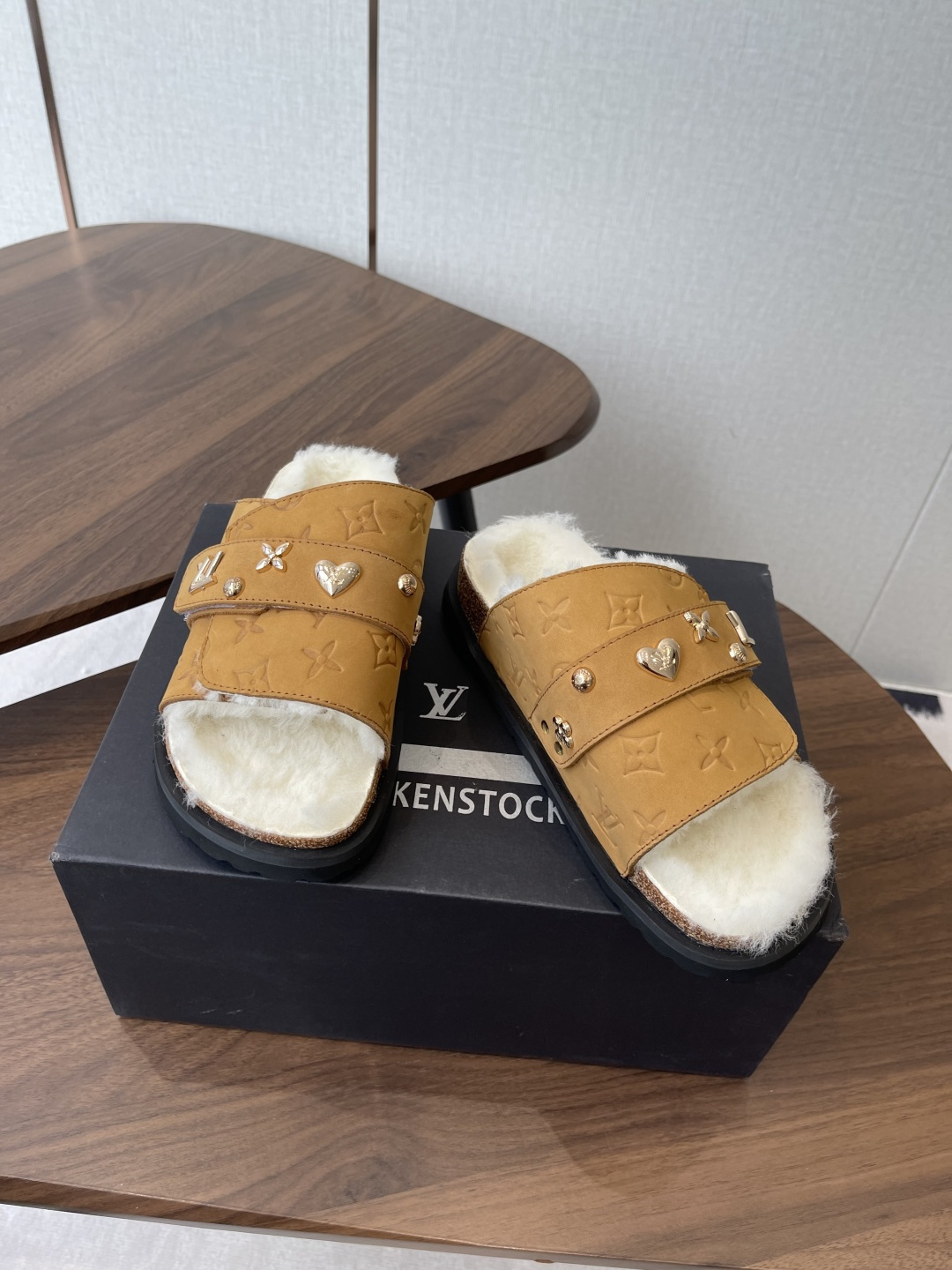 Louis Vuitton Monogram Shearling Slides - Tan Luxury Comfort Sandals