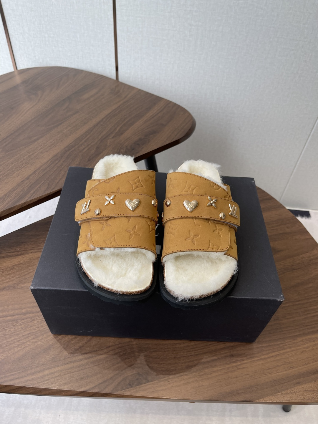 Louis Vuitton Monogram Shearling Slides – Tan Luxury Comfort Sandals
