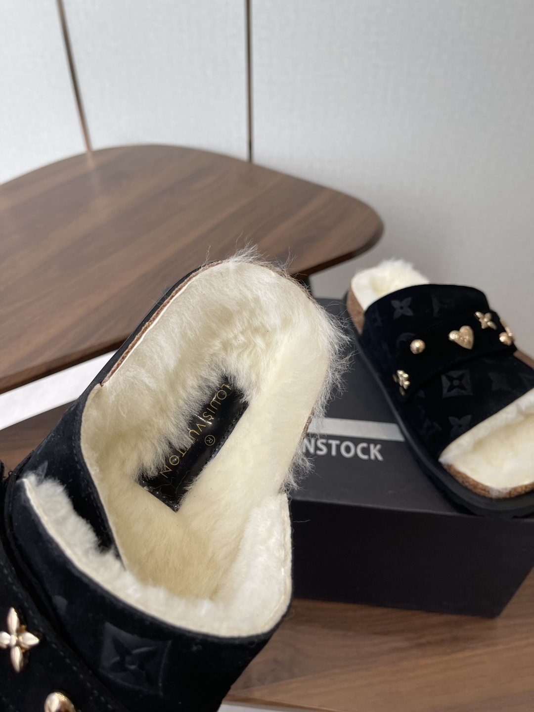 Louis Vuitton Monogram Black Suede Shearling Comfort Flat Sandals