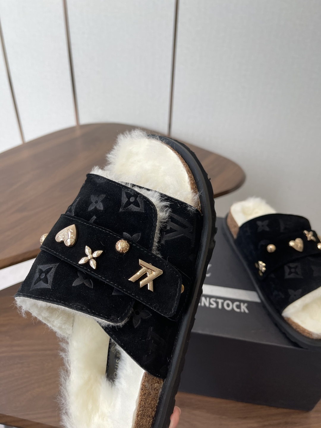 Louis Vuitton Monogram Black Suede Shearling Comfort Flat Sandals