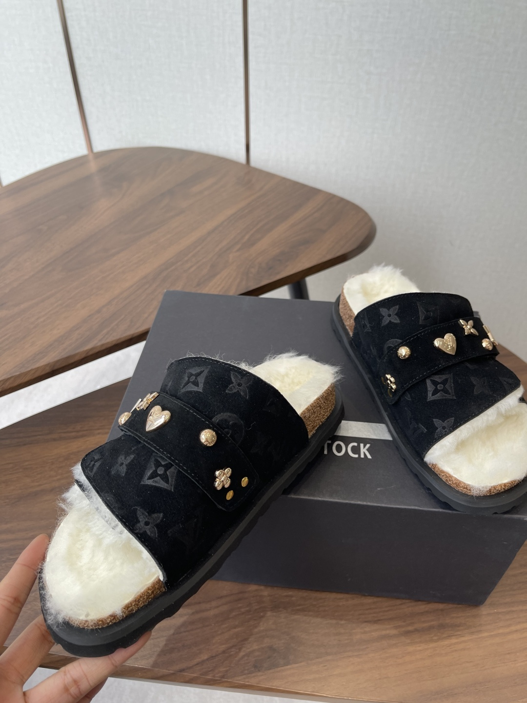 Louis Vuitton Monogram Black Suede Shearling Comfort Flat Sandals