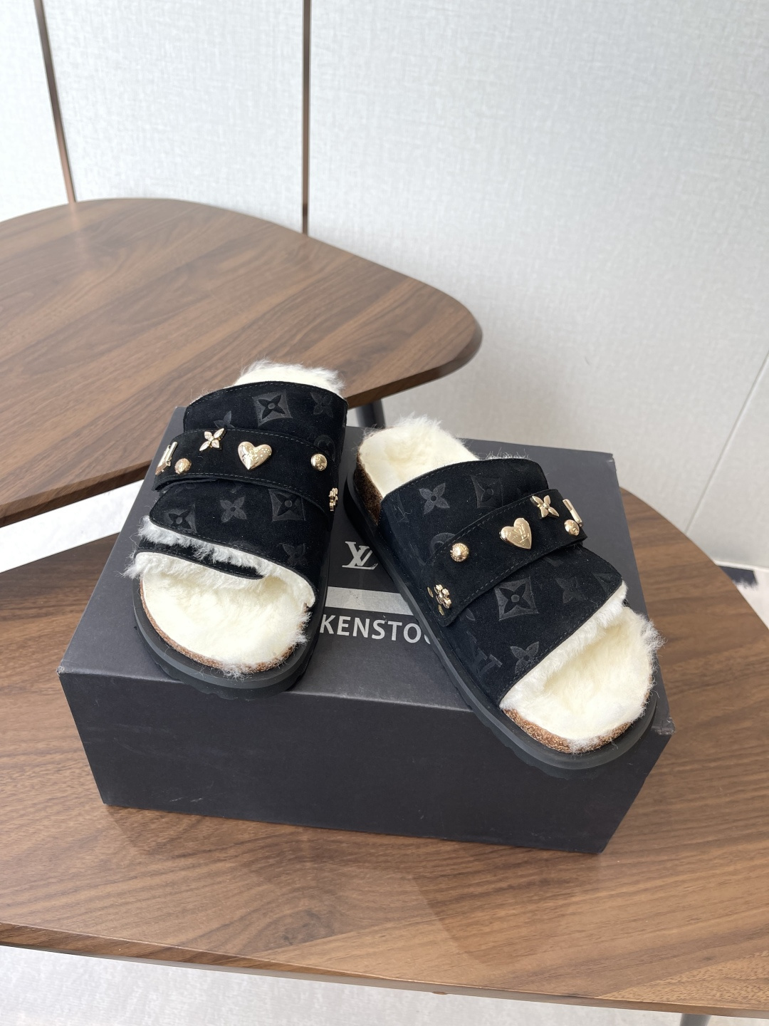 Louis Vuitton Monogram Black Suede Shearling Comfort Flat Sandals