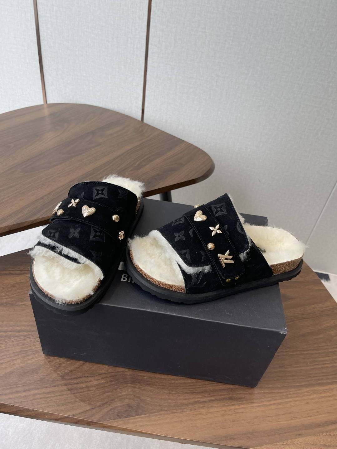 Louis Vuitton Monogram Black Suede Shearling Comfort Flat Sandals