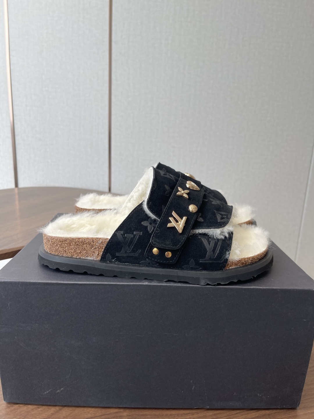 Louis Vuitton Monogram Black Suede Shearling Comfort Flat Sandals