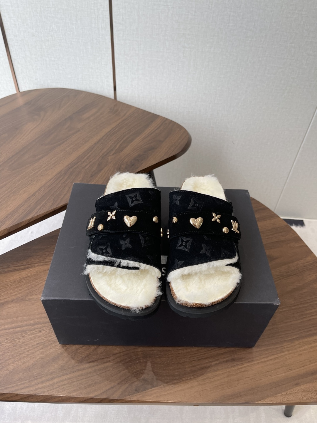Louis Vuitton Monogram Black Suede Shearling Comfort Flat Sandals