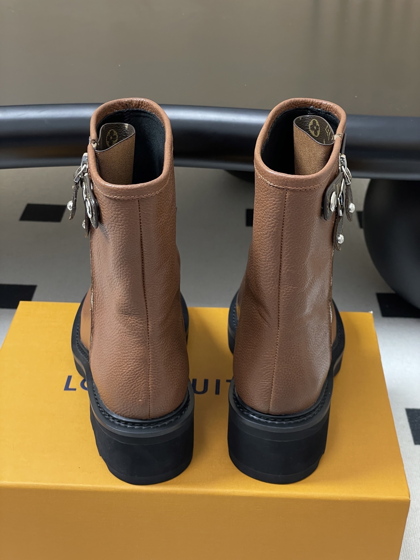 Louis Vuitton Brown Grained Leather Ankle Boots with Lug Sole
