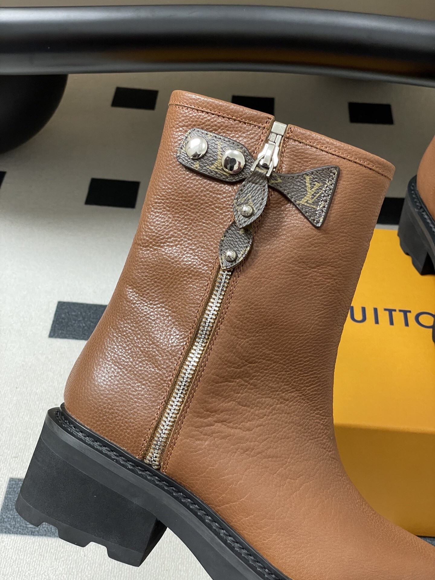 Louis Vuitton Brown Grained Leather Ankle Boots with Lug Sole