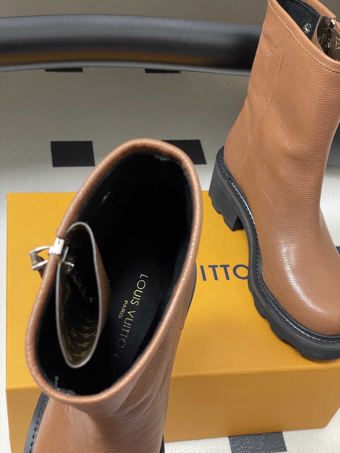 Louis Vuitton Brown Grained Leather Ankle Boots with Lug Sole