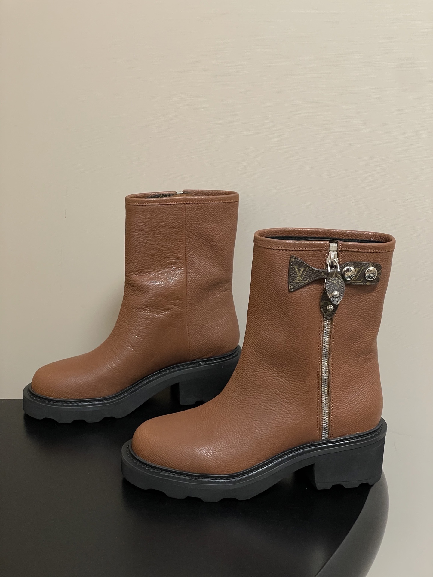 Louis Vuitton Brown Grained Leather Ankle Boots with Lug Sole