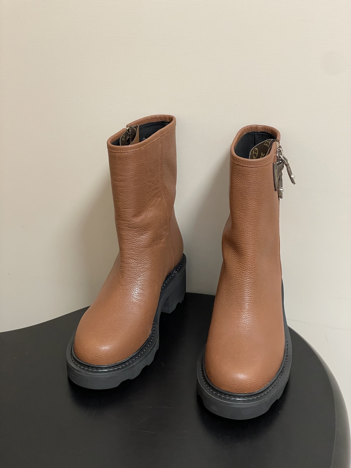 Louis Vuitton Brown Grained Leather Ankle Boots with Lug Sole