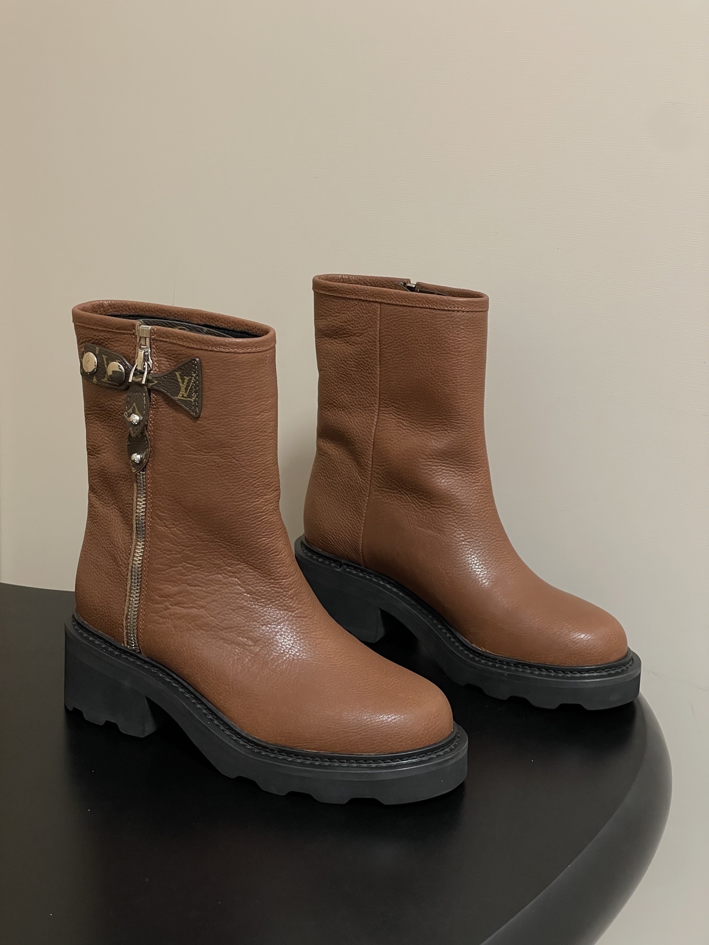 Louis Vuitton Brown Grained Leather Ankle Boots with Lug Sole