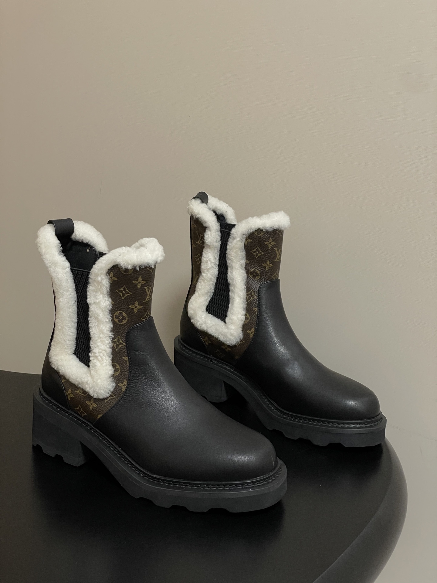 Louis Vuitton Monogram Shearling Leather Ankle Boots