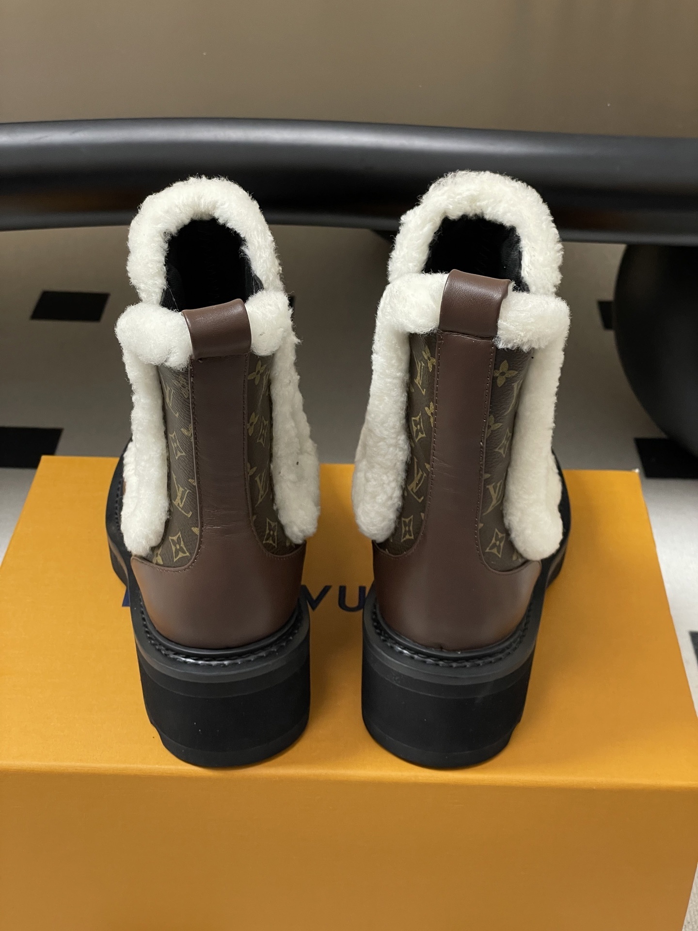 Louis Vuitton Monogram Shearling Trim Brown Leather Ankle Boots