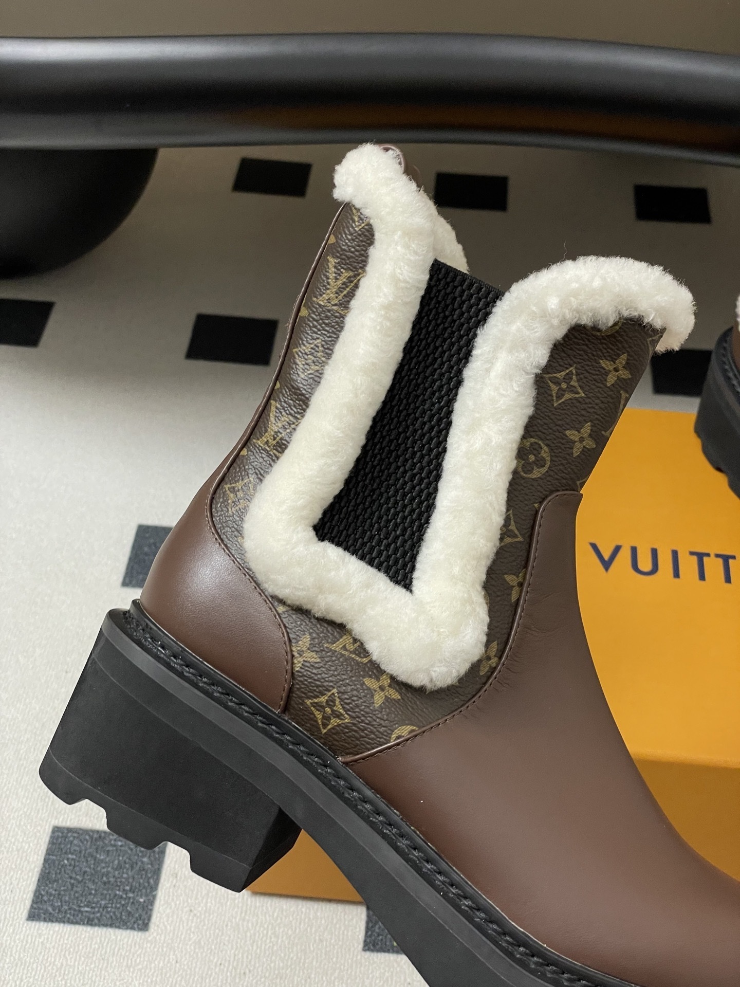 Louis Vuitton Monogram Shearling Trim Brown Leather Ankle Boots