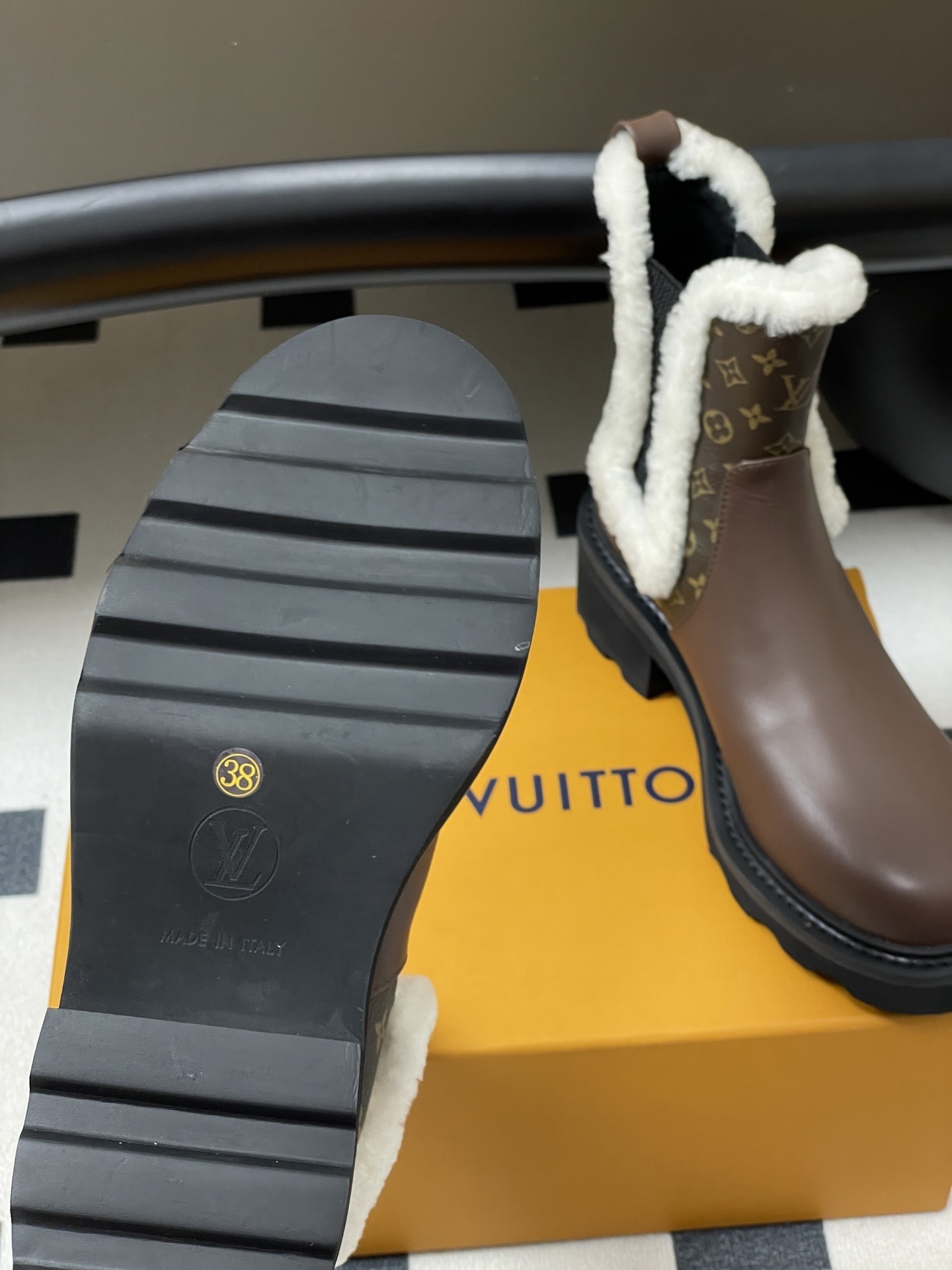 Louis Vuitton Monogram Shearling Trim Brown Leather Ankle Boots