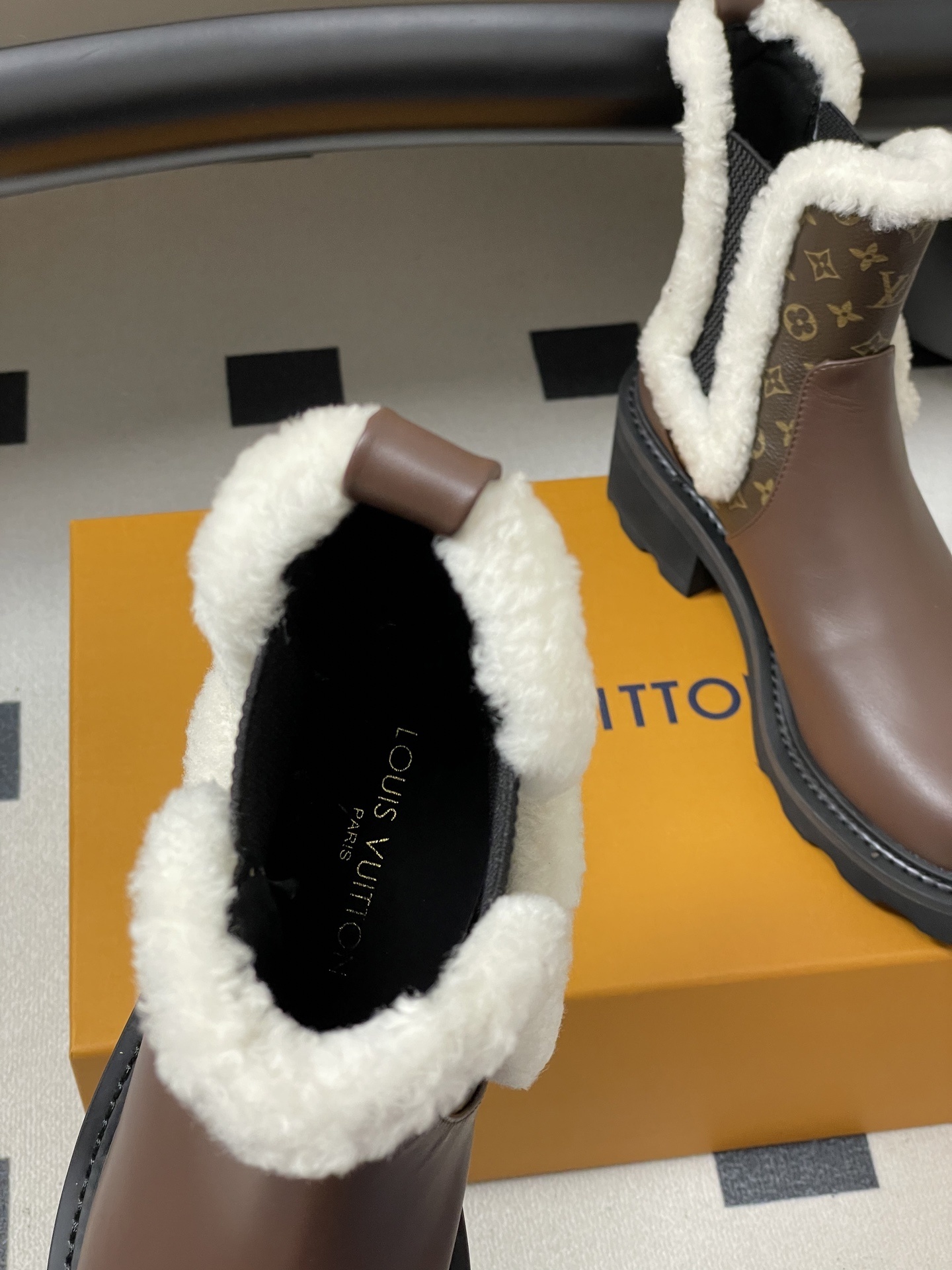 Louis Vuitton Monogram Shearling Trim Brown Leather Ankle Boots