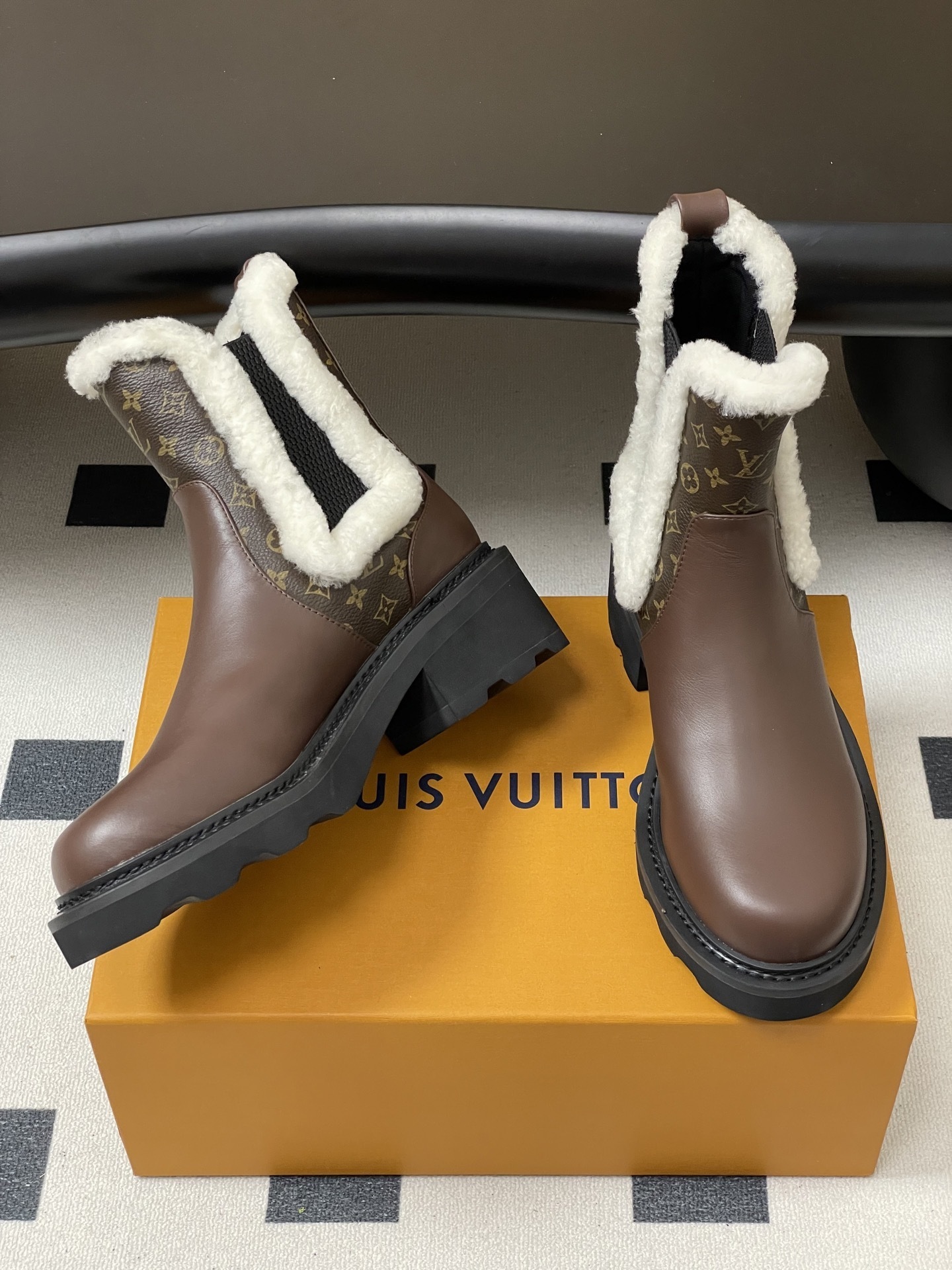 Louis Vuitton Monogram Shearling Trim Brown Leather Ankle Boots
