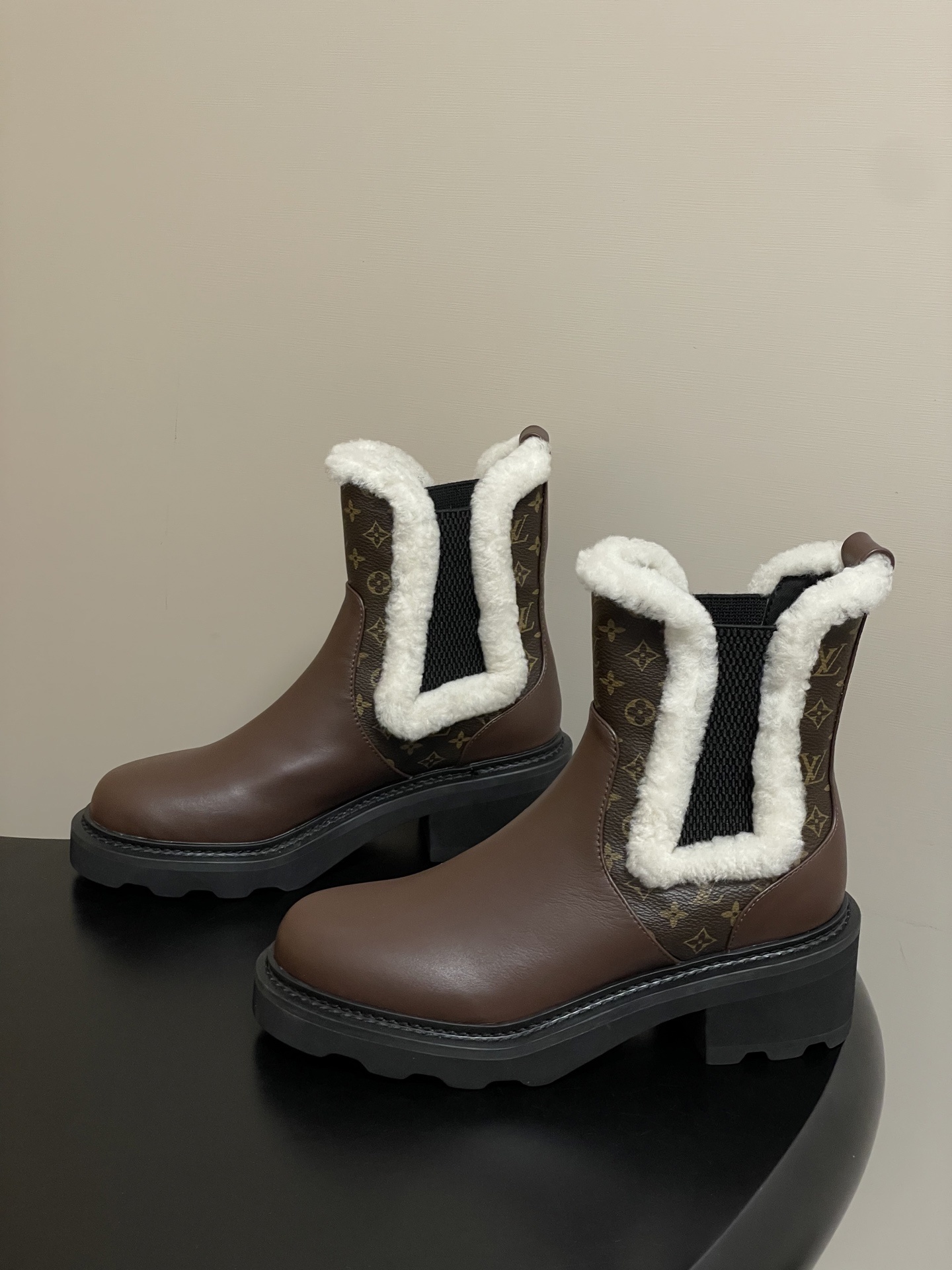 Louis Vuitton Monogram Shearling Trim Brown Leather Ankle Boots