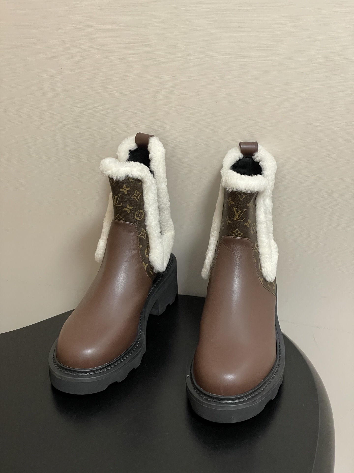Louis Vuitton Monogram Shearling Trim Brown Leather Ankle Boots