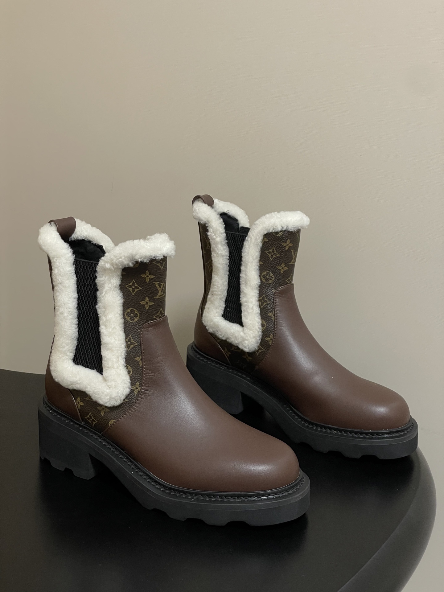 Louis Vuitton Monogram Shearling Trim Brown Leather Ankle Boots