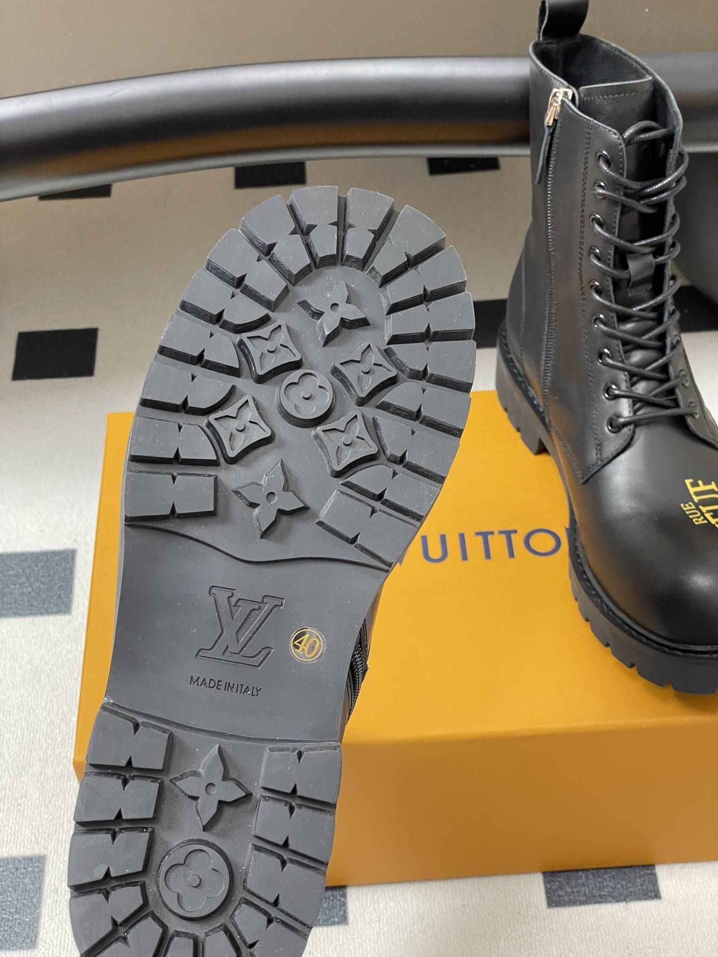 Men's Black Leather Combat Boots - Gold Logo & Studded Details