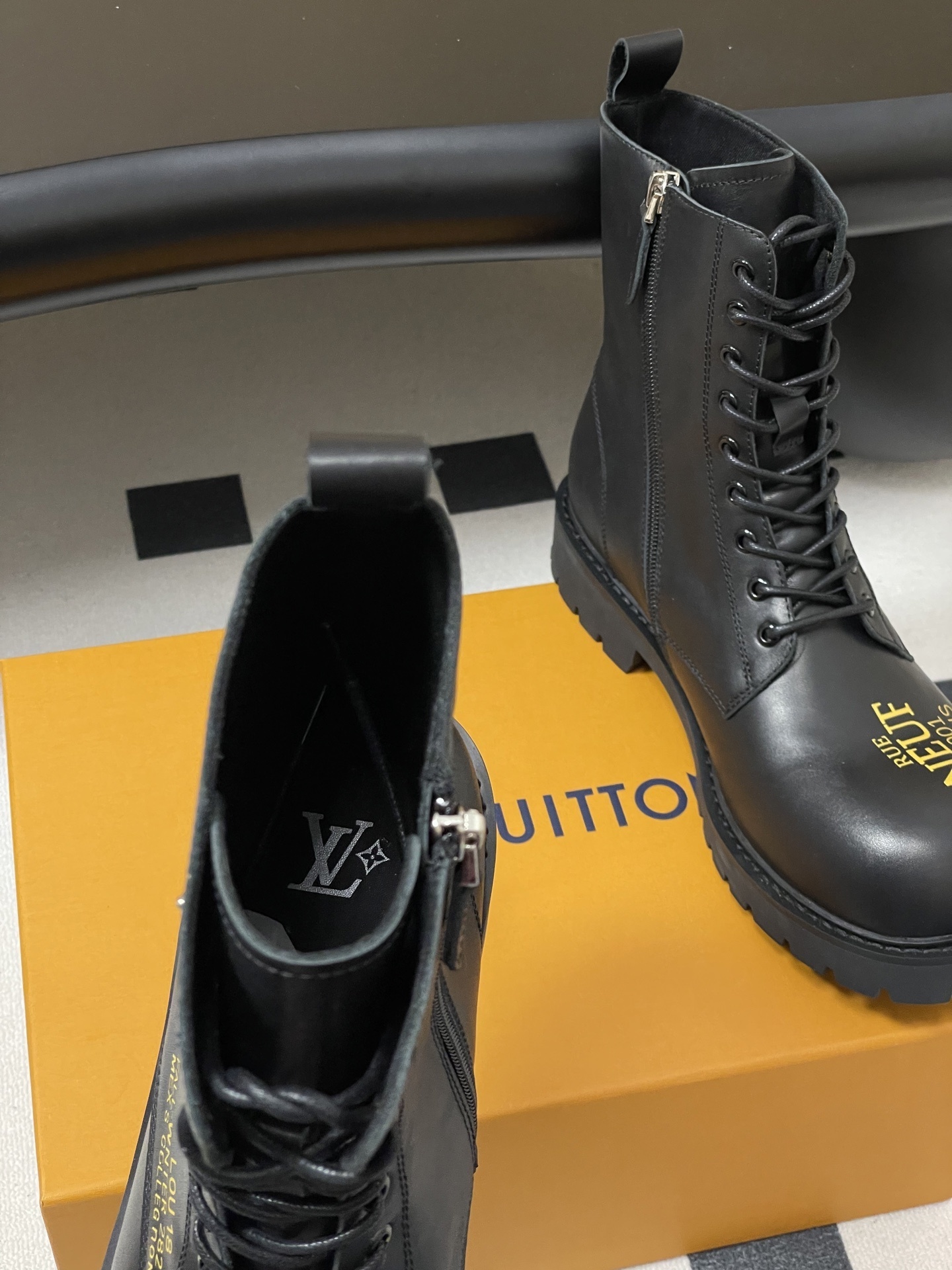 Men's Black Leather Combat Boots - Gold Logo & Studded Details